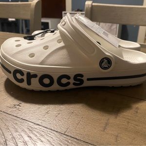 NWT White Crocs with black lettering